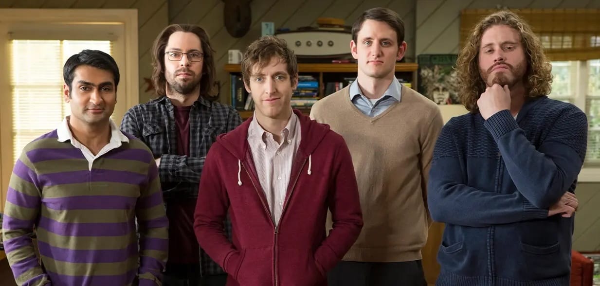 Still from HBO's Silicon Valley — the startup founders crowded together at their cramped house workspace