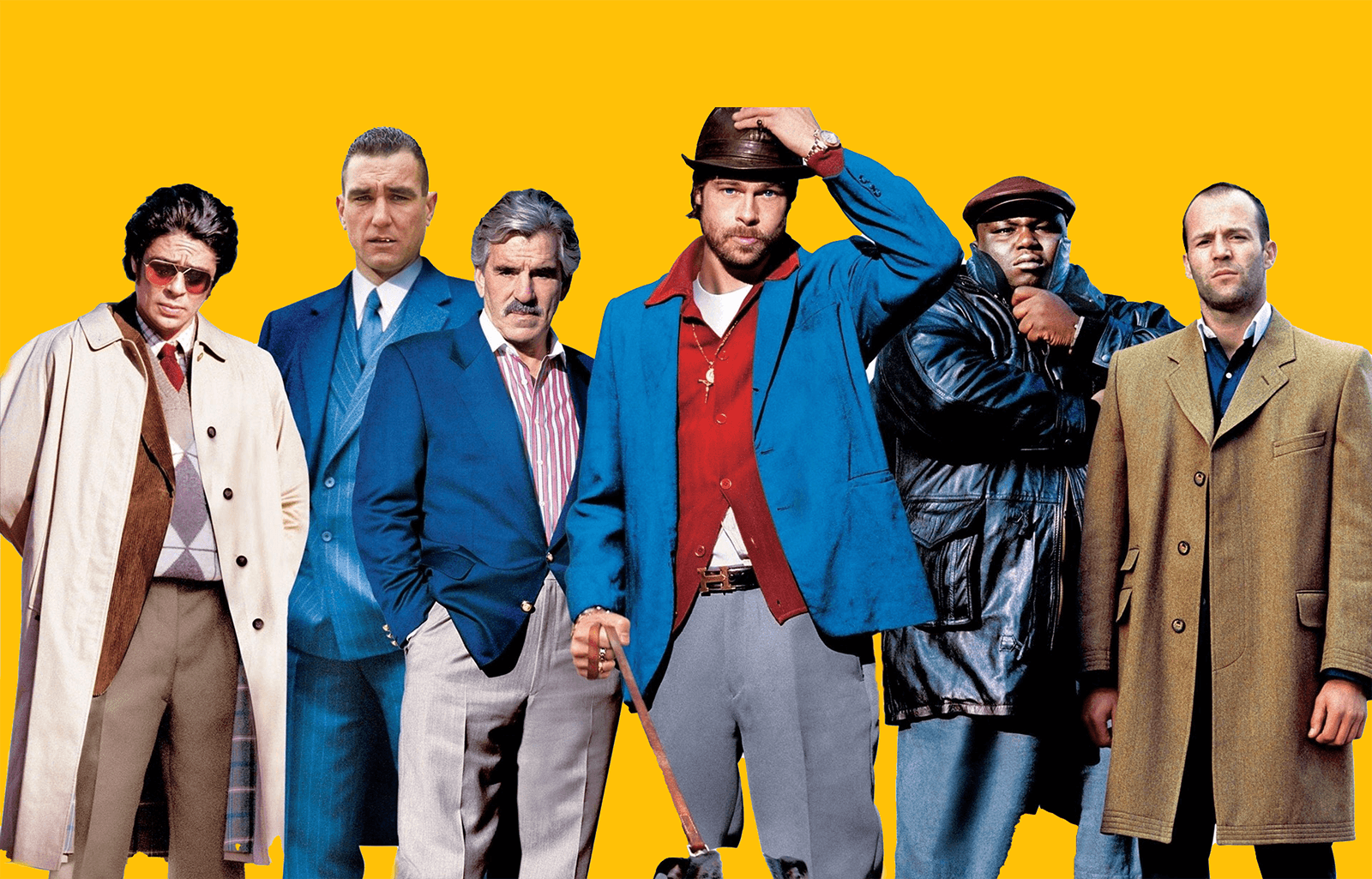 Still from the film Snatch — six characters standing in a lineup against a vivid amber backdrop