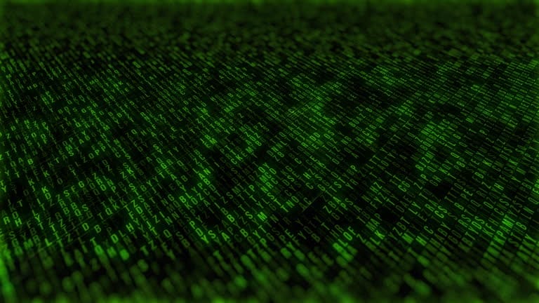 Matrix-style cascade of green digital code receding into the distance