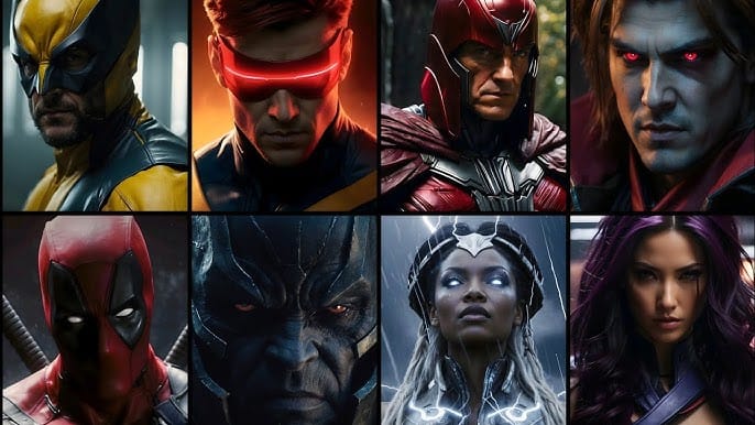 Grid of eight stylized X-Men character portraits — each a distinct specialist